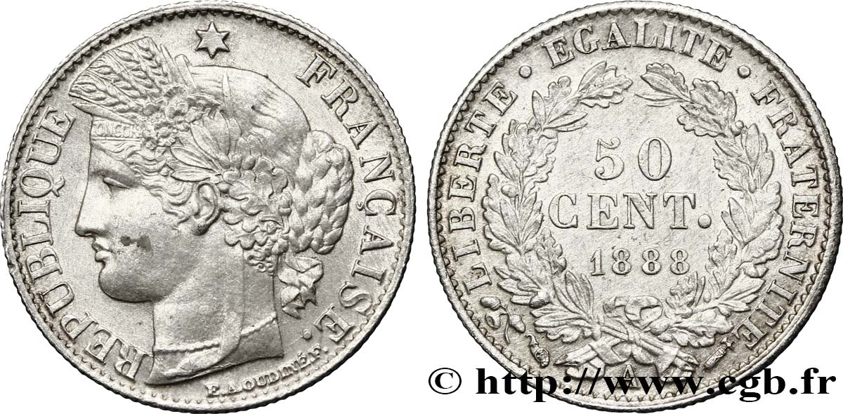 50 centimes Cérès, IIIe République 1888 Paris F.189/13 AU50 