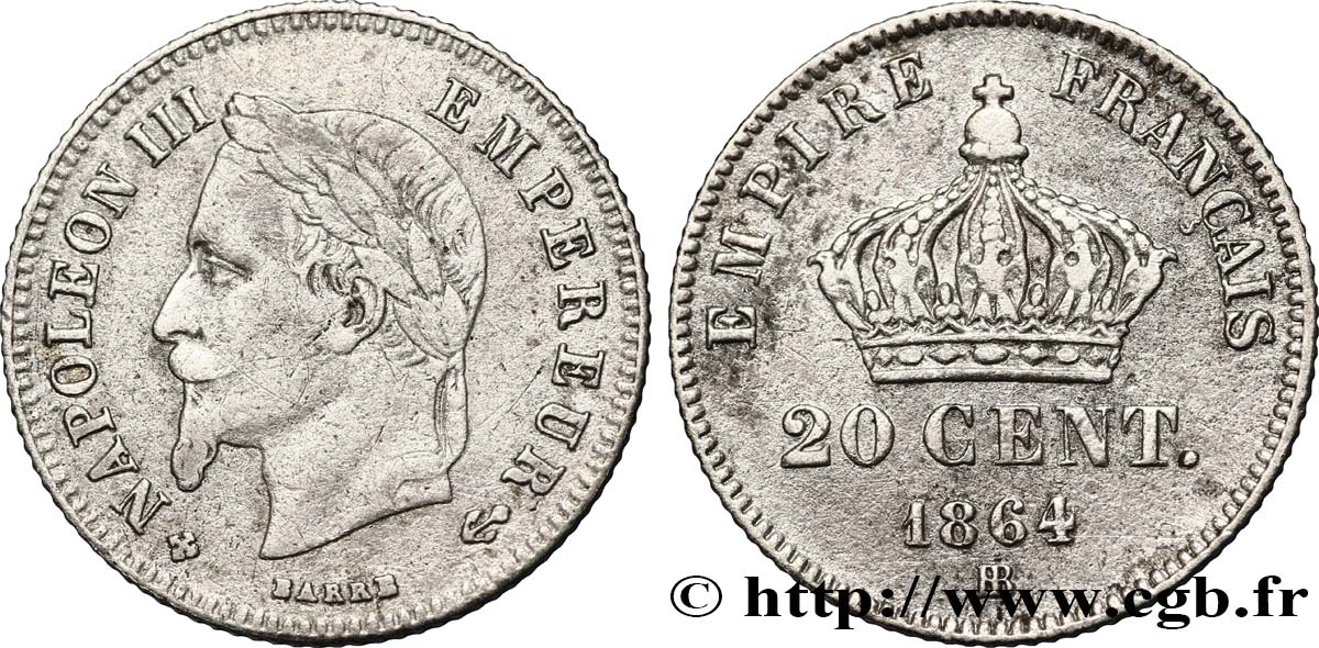 20 centimes Napoléon III, tête laurée, petit module 1864 Strasbourg F.149/2 VF35 