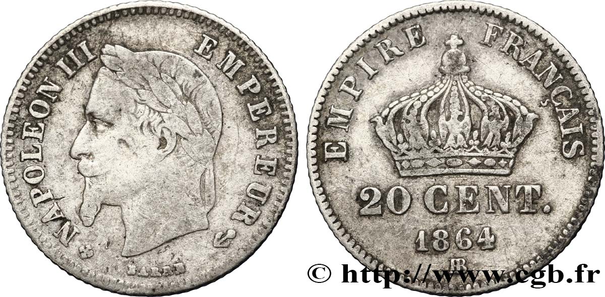 20 centimes Napoléon III, tête laurée, petit module 1864 Strasbourg F.149/2 TB20 