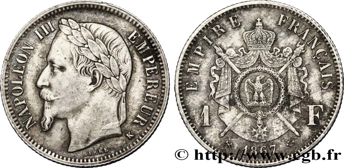 1 franc Napoléon III, tête laurée 1867 Bordeaux F.215/9 AU55 