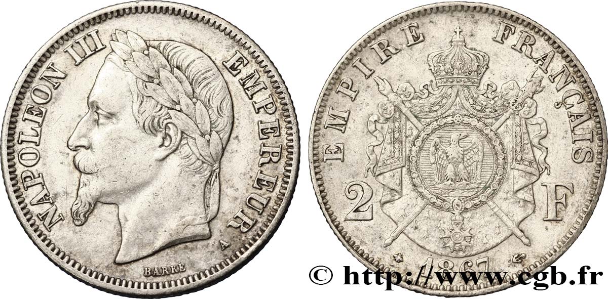 2 francs Napoléon III, tête laurée 1867 Paris F.263/5 SS50 