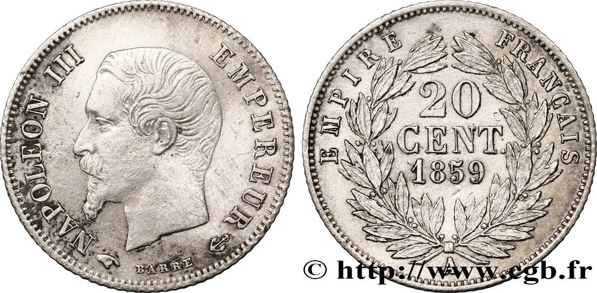 20 centimes Napoléon III, tête nue 1859 Paris F.148/12 AU50 