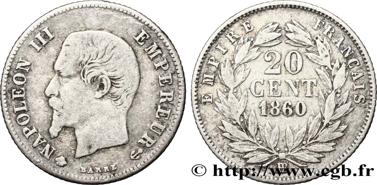 20 centimes Napoléon III, tête nue 1860 Strasbourg F.148/16 TB18 
