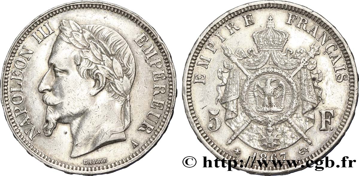 5 francs Napoléon III, tête laurée 1867 Paris F.331/10 BB50 