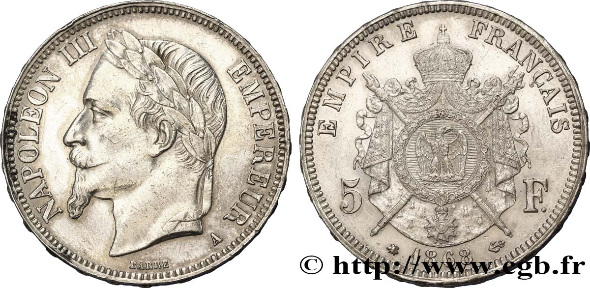 5 francs Napoléon III, tête laurée 1868 Paris F.331/12 MBC52 
