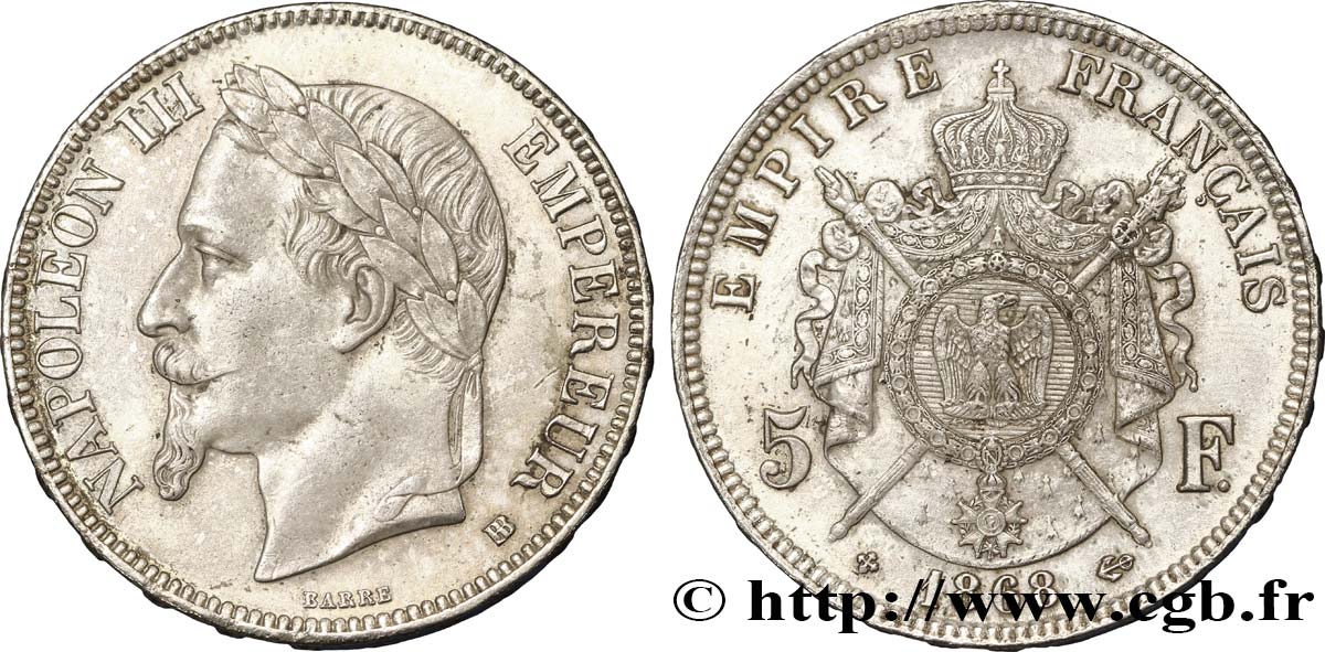 5 francs Napoléon III, tête laurée 1868 Strasbourg F.331/13 AU54 