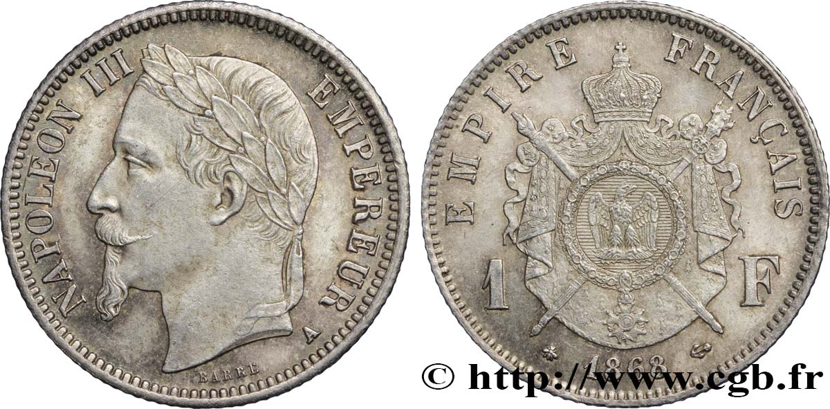 1 franc Napoléon III, tête laurée 1868 Paris F.215/10 EBC60 