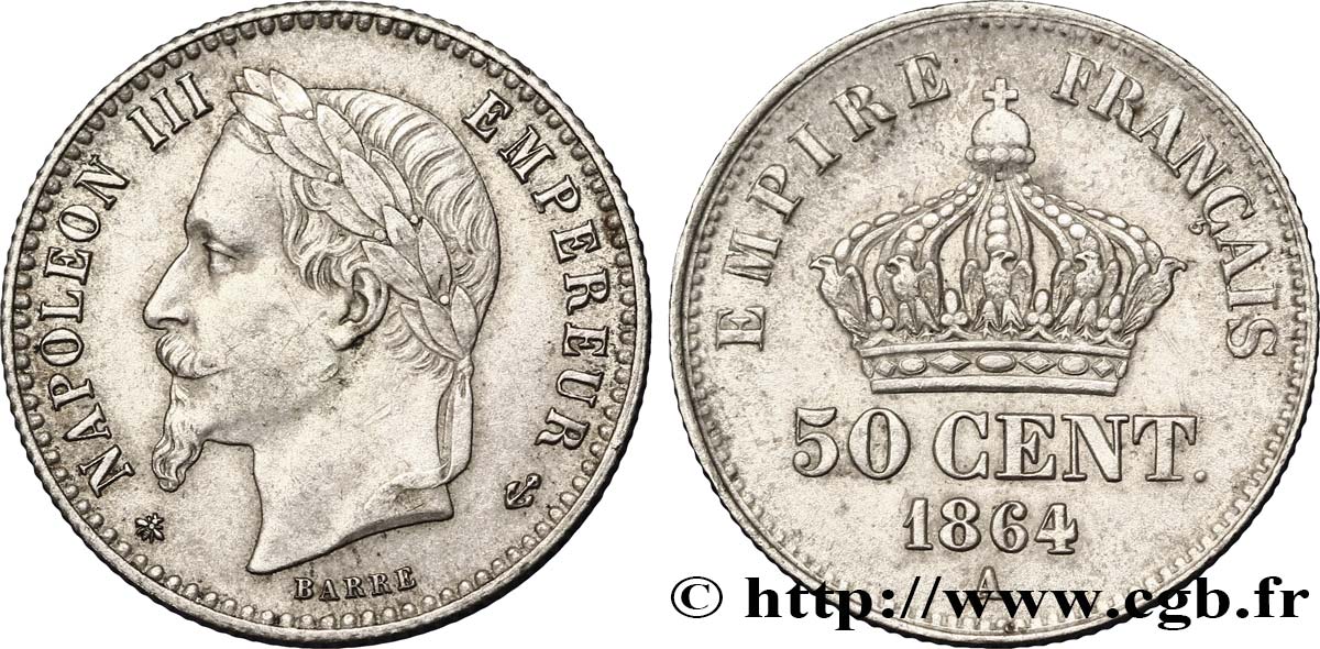 50 centimes Napoléon III, tête laurée 1864 Paris F.188/2 SUP58 