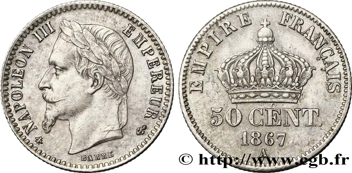 50 centimes Napoléon III, tête laurée 1867 Paris F.188/13 AU58 
