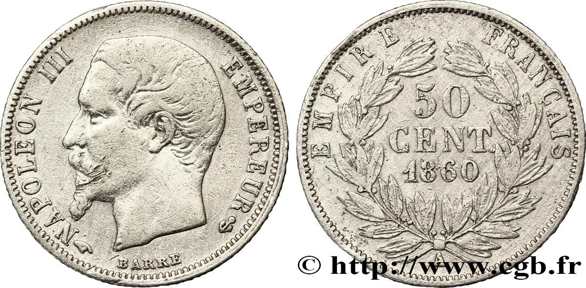 50 centimes Napoléon III, tête nue 1860 Paris F.187/13 TB35 