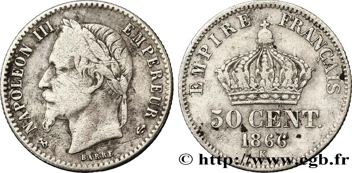 50 centimes Napoléon III, tête laurée 1866 Bordeaux F.188/11 BC15 