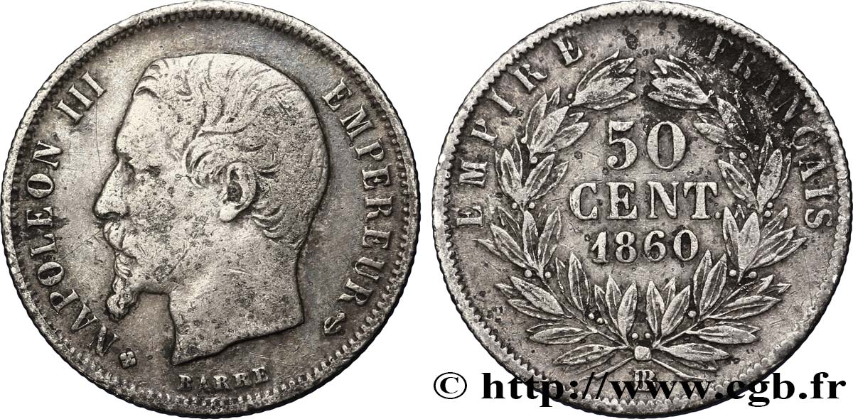 50 centimes Napoléon III, tête nue 1860 Strasbourg F.187/15 TB30 