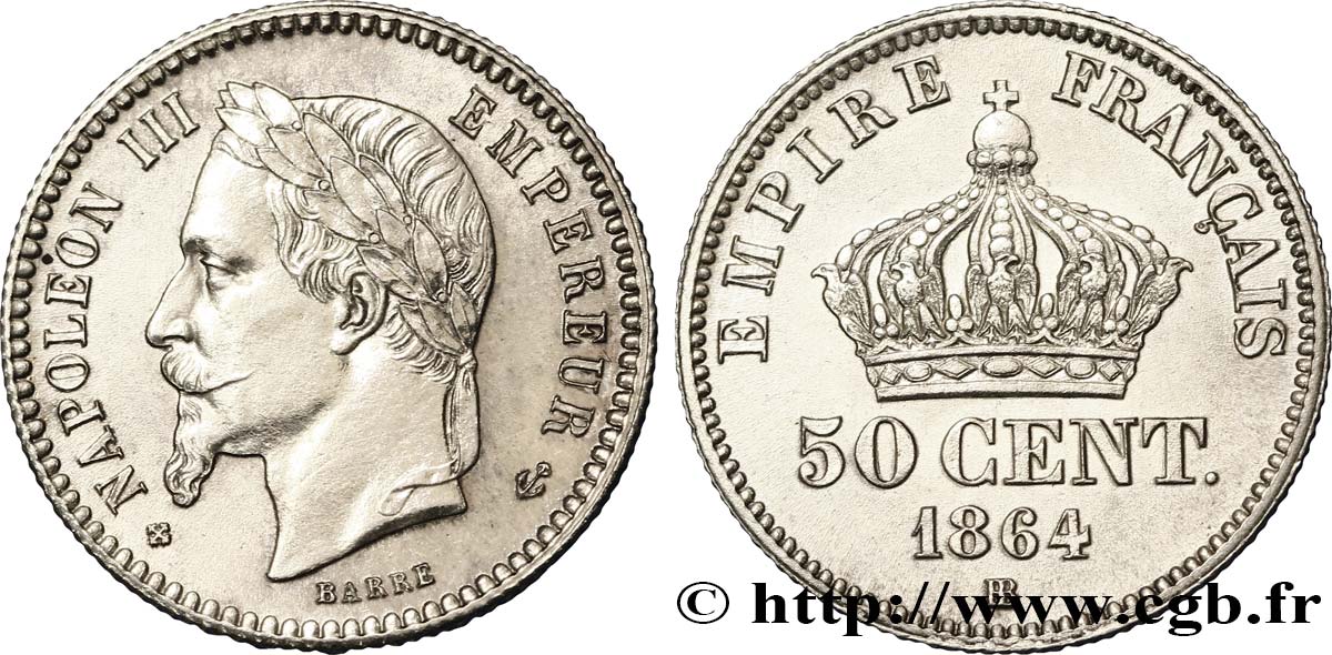 50 centimes Napoléon III, tête laurée 1864 Strasbourg F.188/3 MS60 