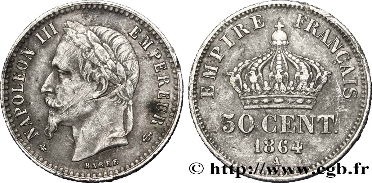 50 centimes Napoléon III, tête laurée 1864 Paris F.188/2 TTB48 