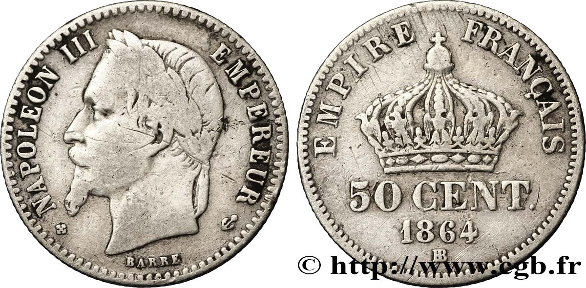 50 centimes Napoléon III, tête laurée 1864 Strasbourg F.188/3 VF30 