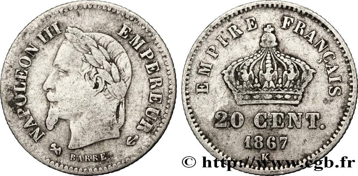 20 centimes Napoléon III, tête laurée, grand module 1867 Bordeaux F.150/3 TB20 
