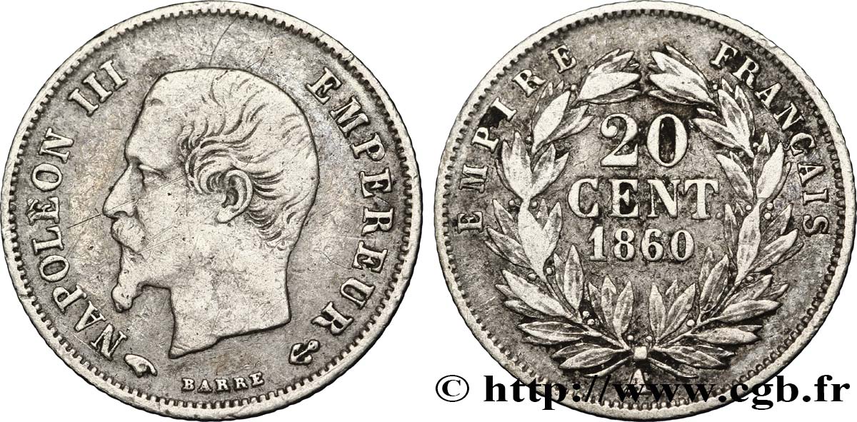20 centimes Napoléon III, tête nue 1860 Paris F.148/13 VF35 