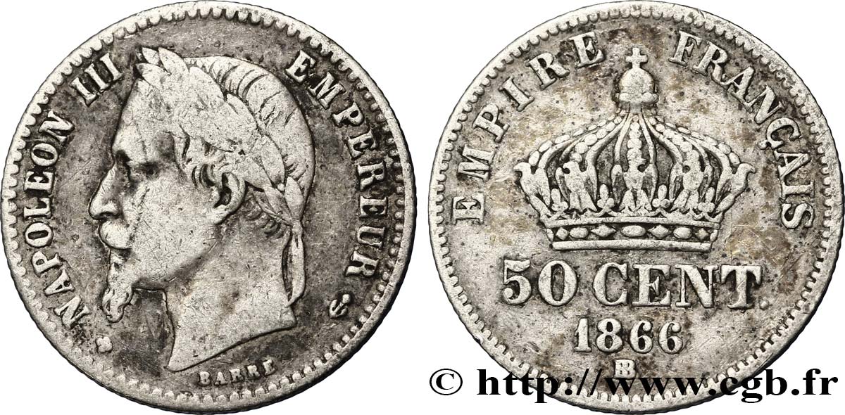50 centimes Napoléon III, tête laurée 1866 Strasbourg F.188/10 TB20 