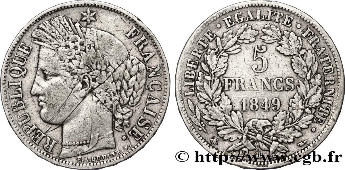 5 francs Cérès, IIe République 1849 Strasbourg F.327/3 MB 