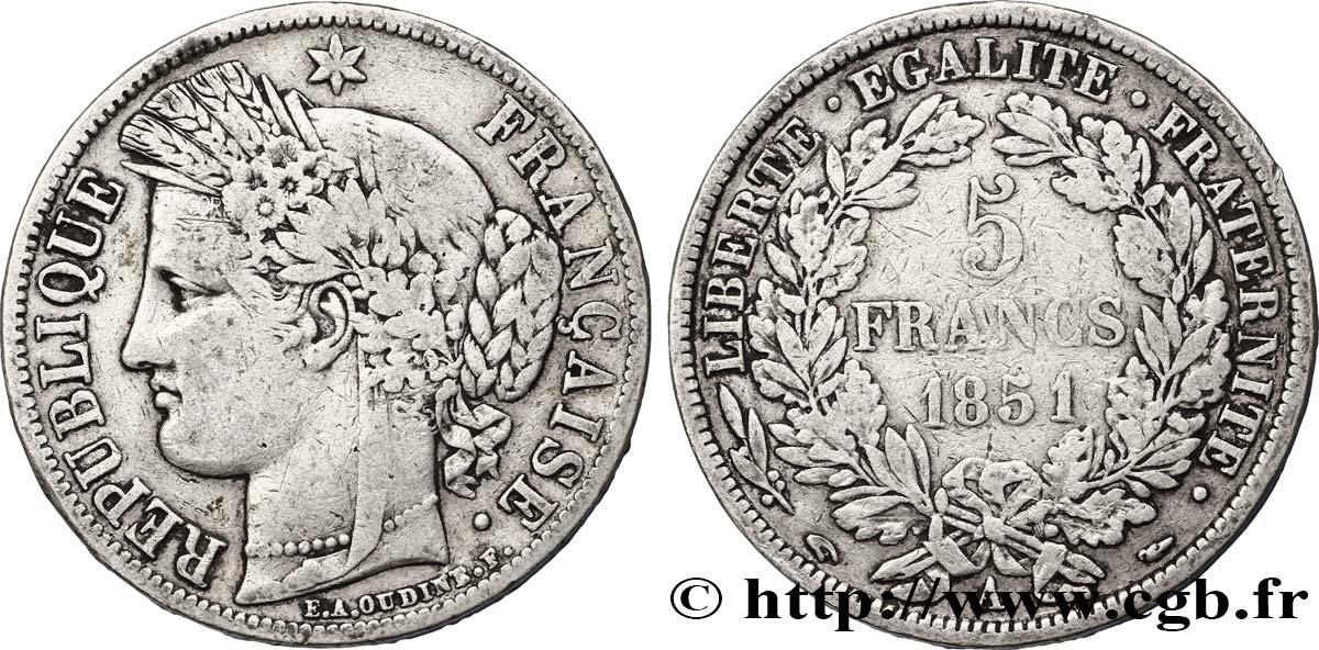 5 francs Cérès, IIe République 1851 Paris F.327/7 BC25 