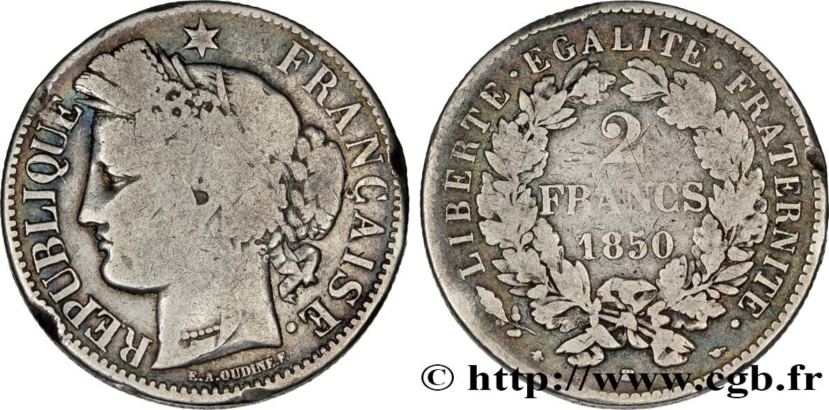 2 francs Cérès, IIe République 1850  Strasbourg F.261/5 RC12 
