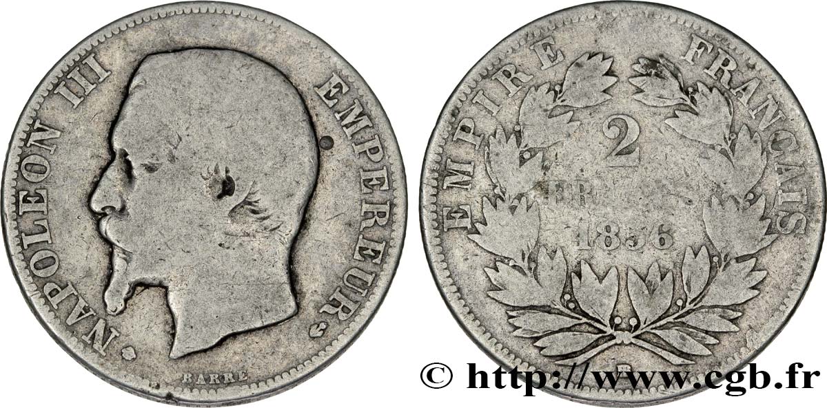 2 francs Napoléon III, tête nue, petit BB 1856 Strasbourg F.262/7 SGE12 