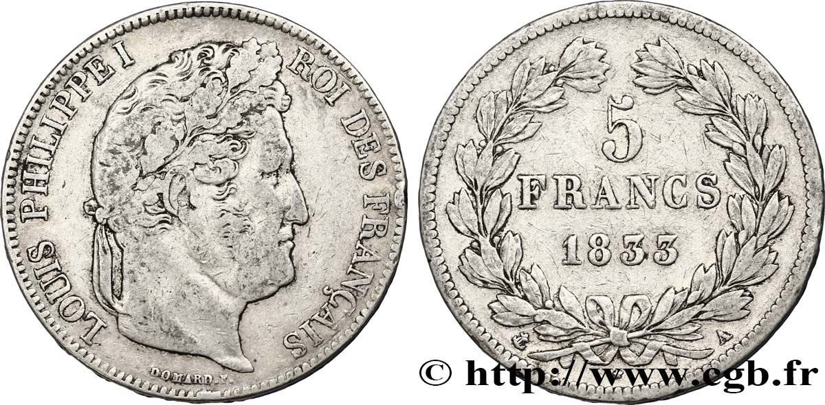 5 francs IIe type Domard 1833 Paris F.324/14 VF25 