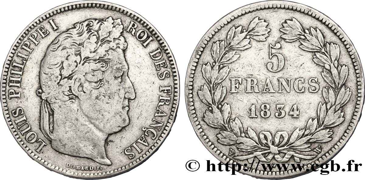 5 francs IIe type Domard 1834 Lille F.324/41 VF20 
