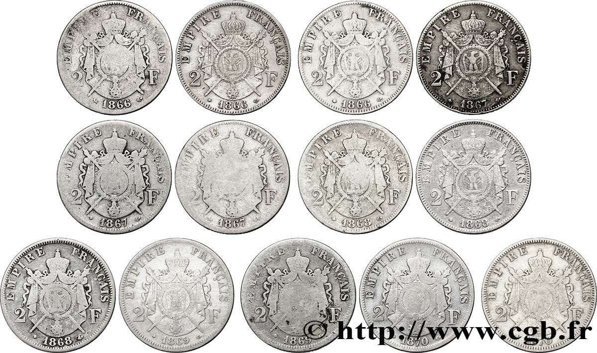 Série complète de 2 francs Napoléon III, tête laurée  - - F.263/- B/BB 