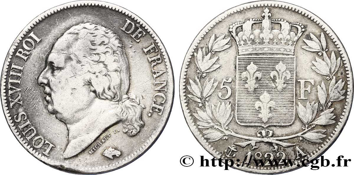5 francs Louis XVIII, tête nue 1822 Paris F.309/68 S25 