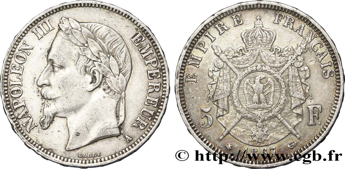 5 francs Napoléon III, tête laurée 1867 Paris F.331/10 TTB45 