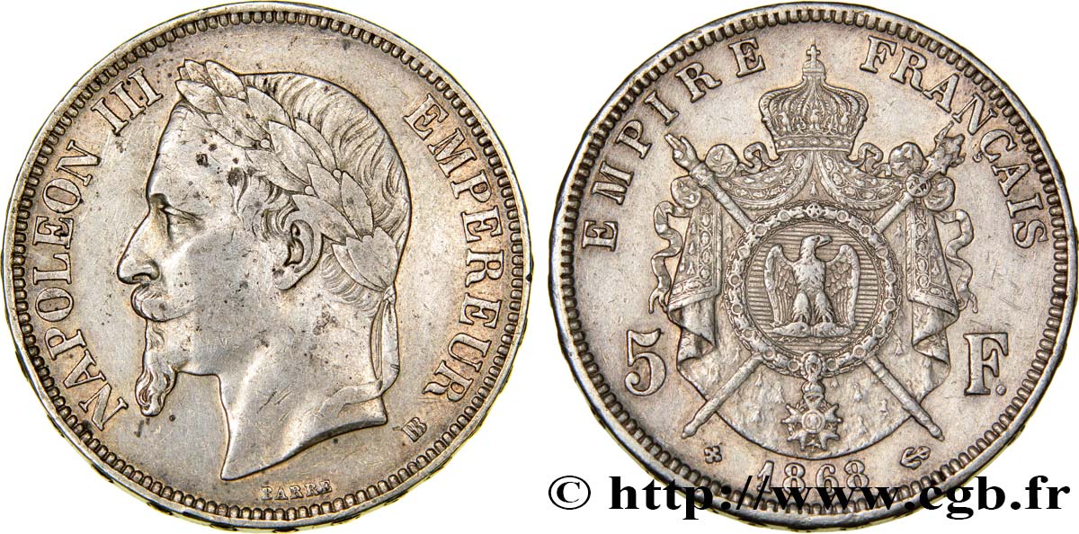 5 francs Napoléon III, tête laurée 1868 Strasbourg F.331/13 BB40 