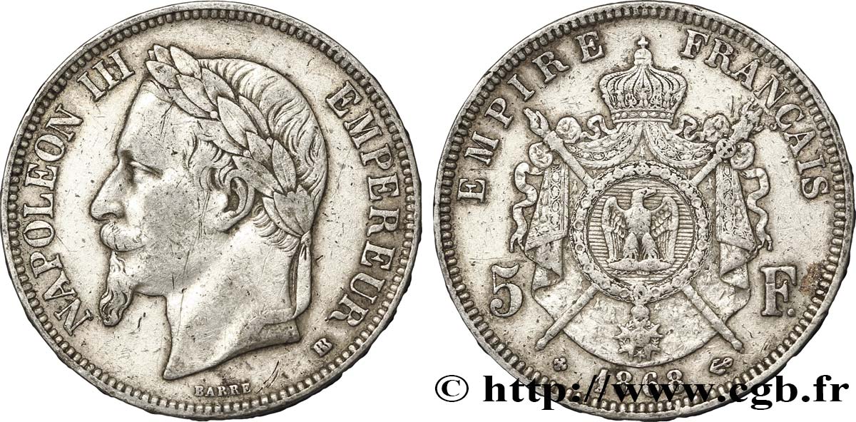 5 francs Napoléon III, tête laurée 1868 Strasbourg F.331/13 XF40 