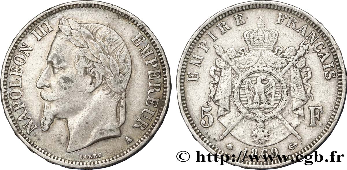 5 francs Napoléon III, tête laurée 1869 Paris F.331/14 TB35 