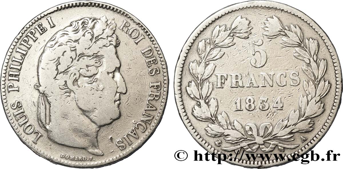 5 francs IIe type Domard 1834 Paris F.324/29 MB30 
