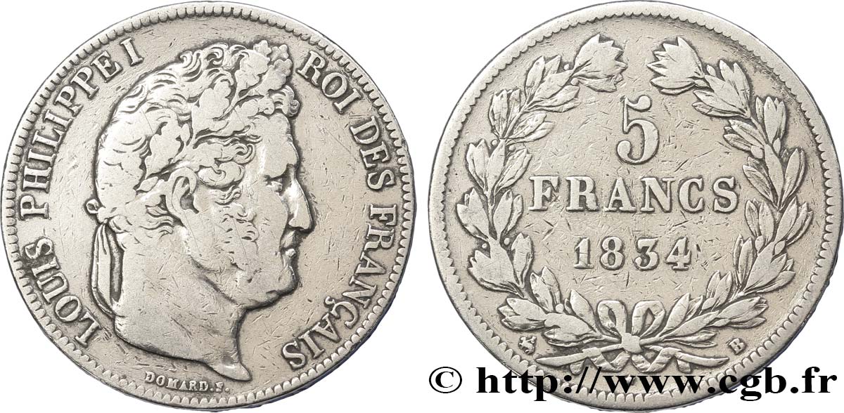 5 francs IIe type Domard 1834 Rouen F.324/30 VF30 