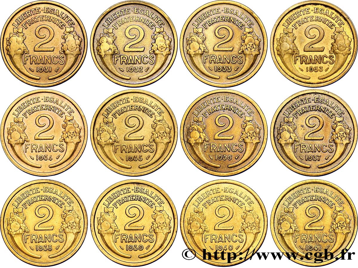 Lot de 12 pièces de 2 francs Morlon - - F.268/- MB/BB 