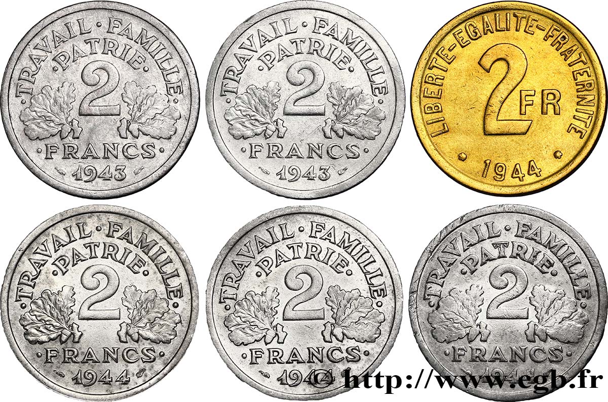 Lot de 5 pièces de 2 francs francisque en aluminium et d’une pièce de 2 francs France - - F.270/- VF/XF 