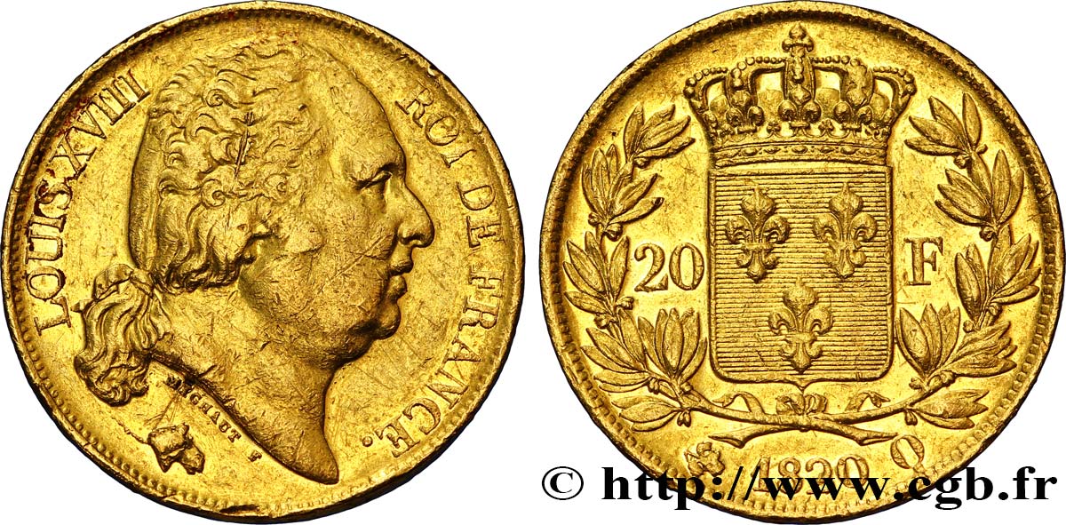 20 francs or Louis XVIII, tête nue 1820 Perpignan F.519/21 MBC45 