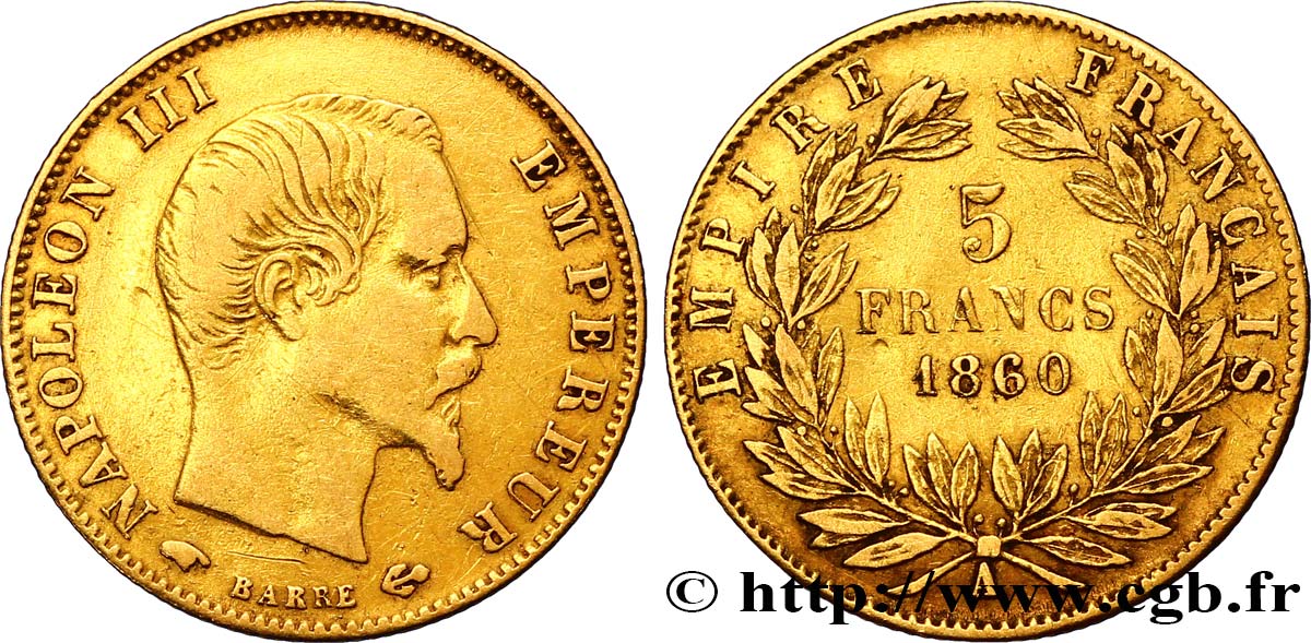 5 francs or Napoléon III, tête nue, grand module 1860 Paris F.501/10 BC35 