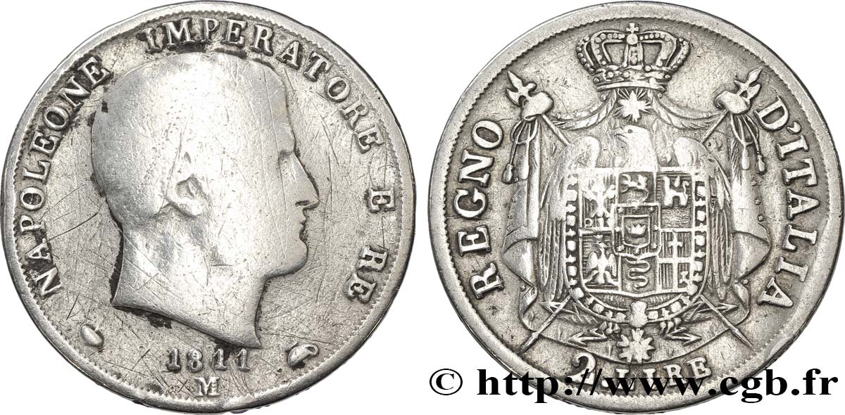 2 lire Napoléon Empereur et Roi d’Italie 1811 Milan M.242  VG10 