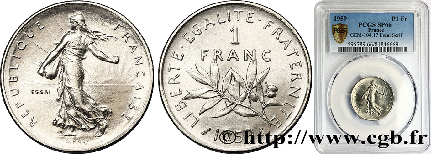 Pré-série avec le mot Essai de 1 franc Semeuse, nickel 1959 Paris F.226/2 MS66 PCGS