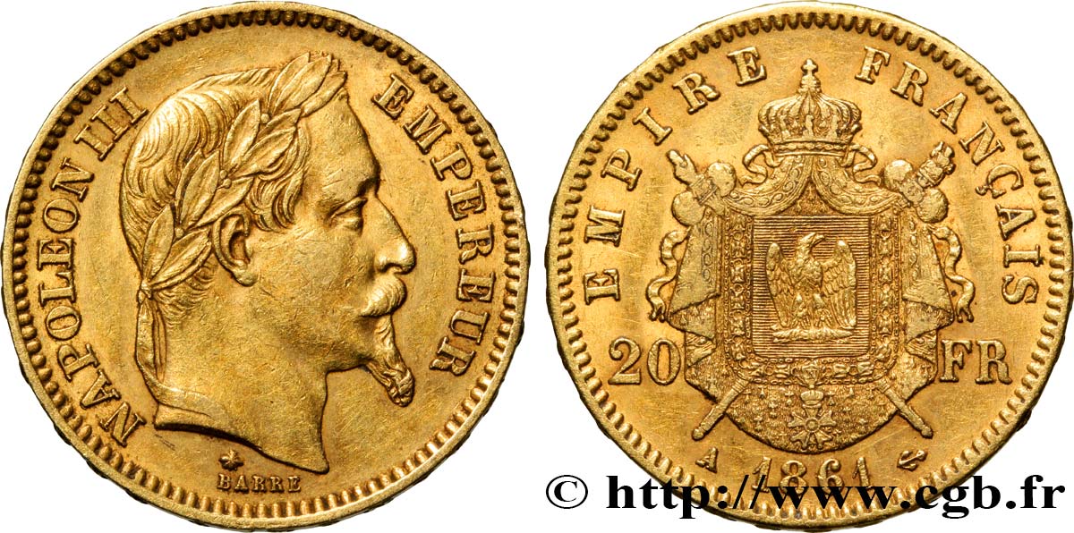 20 francs or Napoléon III, tête laurée 1861 Paris F.532/1 MBC50 