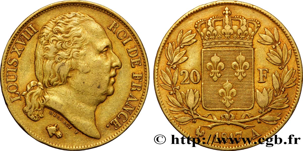 20 francs or Louis XVIII, tête nue 1817 Paris F.519/5 XF40 
