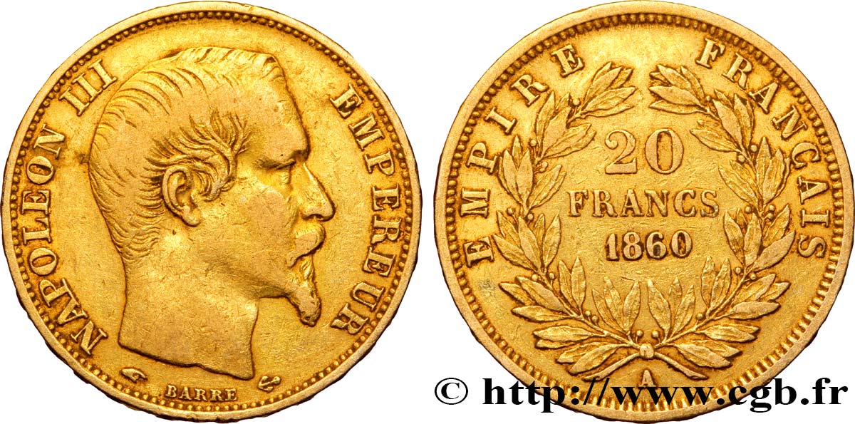 20 francs or Napoléon III, tête nue 1860 Paris F.531/18 VF35 