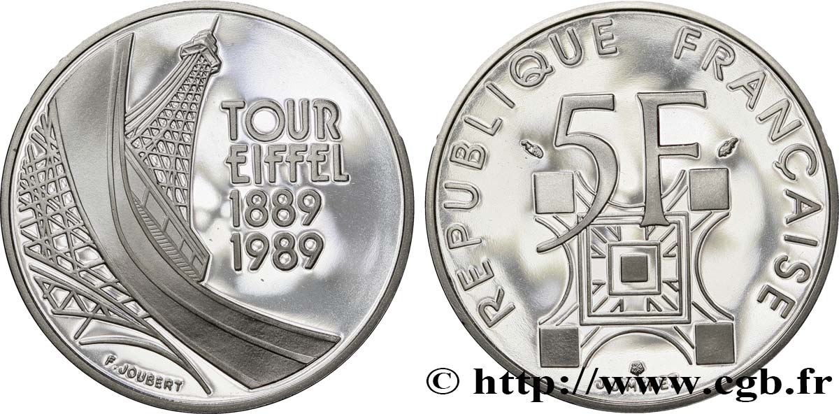 Belle Épreuve argent 5 francs Tour Eiffel 1989 Paris F5.1200 3 FDC68 