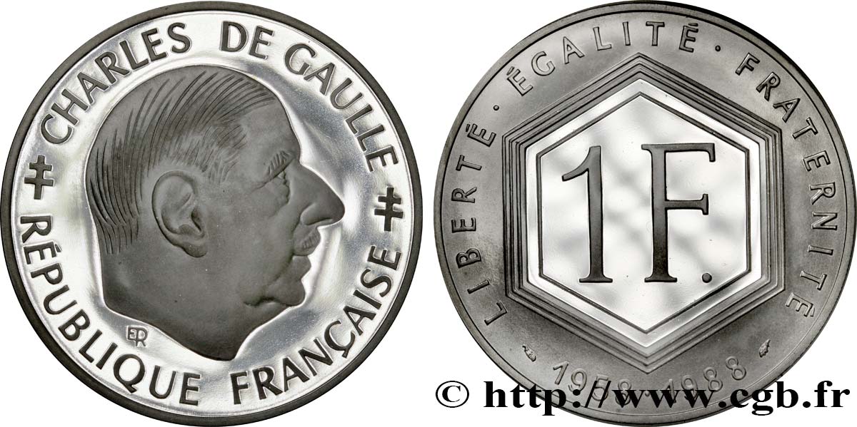 Belle Épreuve 1 franc De Gaulle  1988 Paris F.1000 2 MS68 