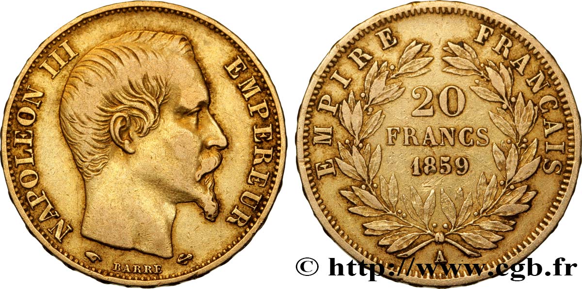20 francs or Napoléon III, tête nue 1859 Paris F.531/15 TB35 