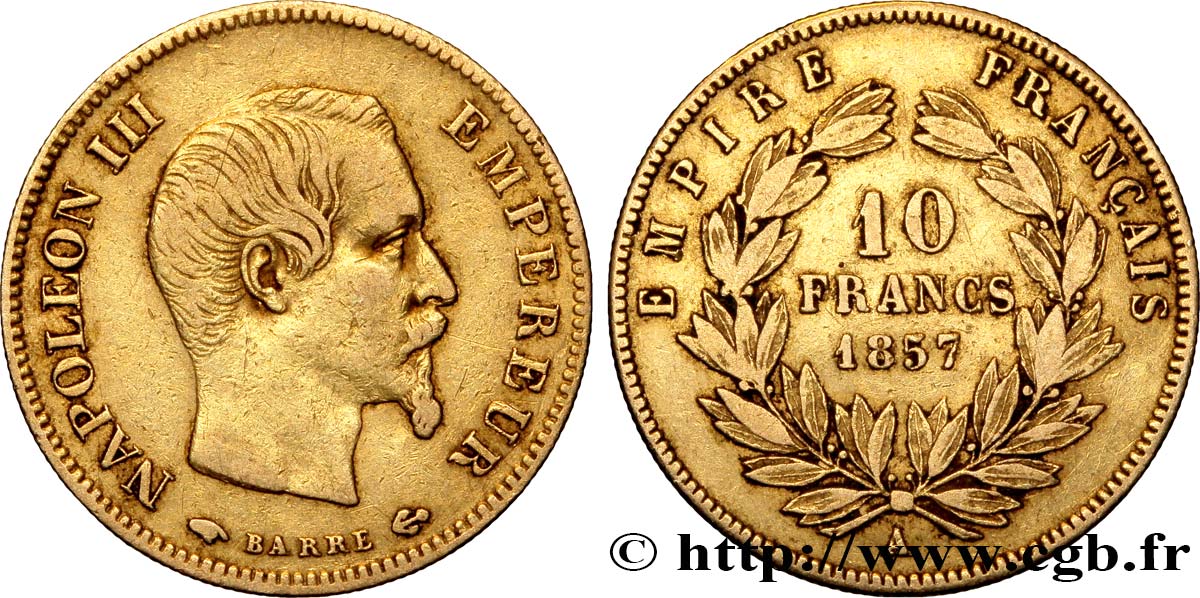 10 francs or Napoléon III, tête nue, grand module 1857 Paris F.506/4 VF35 