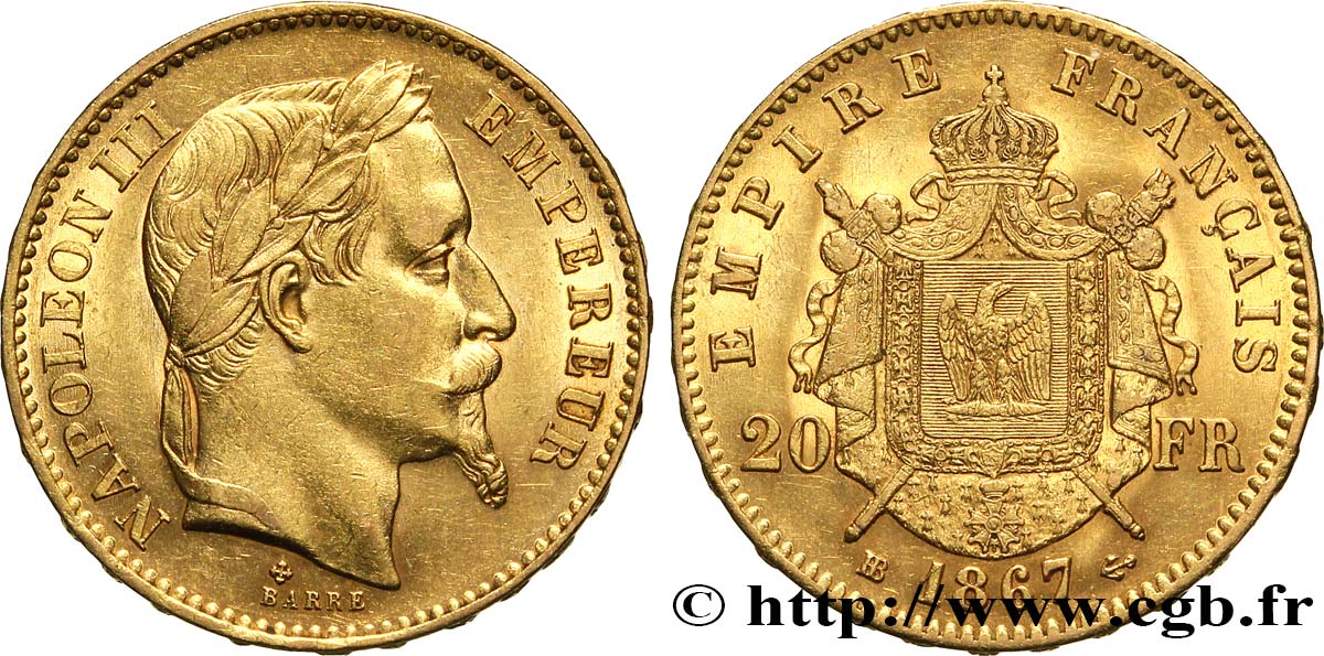 20 francs or Napoléon III, tête laurée, petit BB 1867 Strasbourg F.532/16 SS50 
